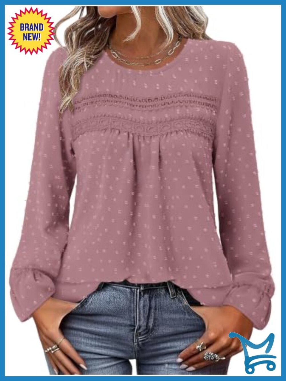 Womens Boho Swiss Dot Long Sleeve Blouse Crewneck Flowy Casual Top